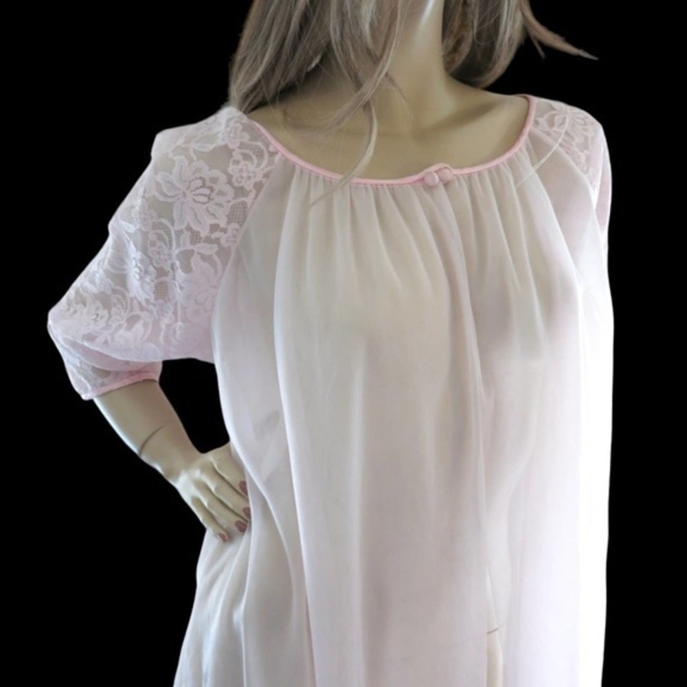 60s Pink Chiffon Peignoir M NWT Angelic Coquette Dollette Retro Glam Duster Gaze - Picture 5 of 8